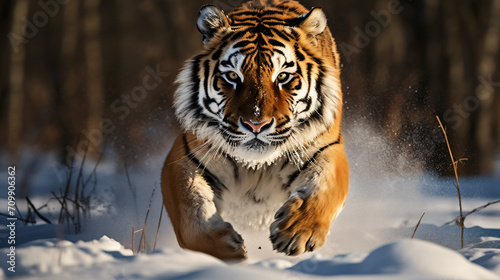 Siberian Tiger running. Beautiful dynamic and pow