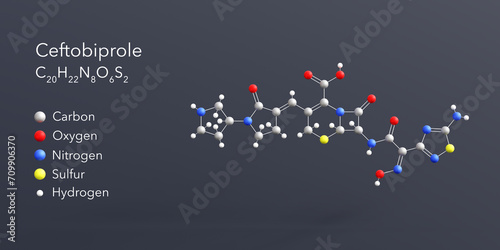 ceftobiprole molecule 3d rendering, flat molecular structure with chemical formula and atoms color coding photo