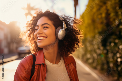 Cool woman listening to music whit headphones in the street