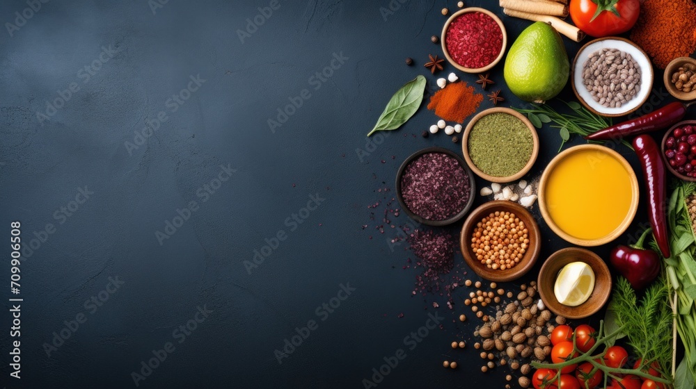 A variety of vegetables and spices on a black surface A variety of vegetables and spices on a black surface