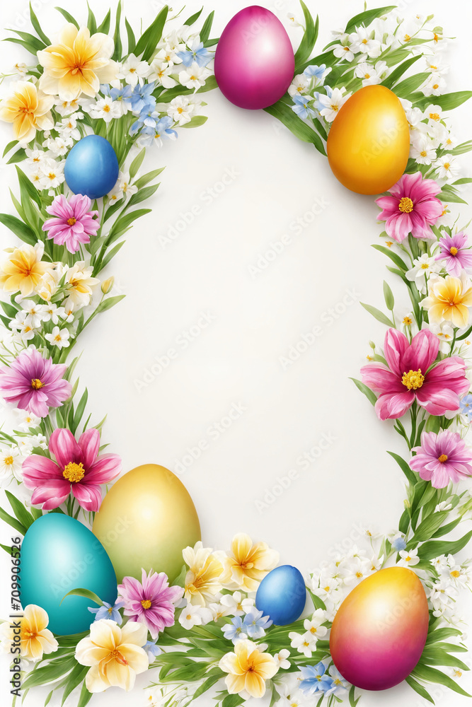 Spring Easter holiday. Background with eggs and spring flowers. Greeting card background with copy space. Generative Ai