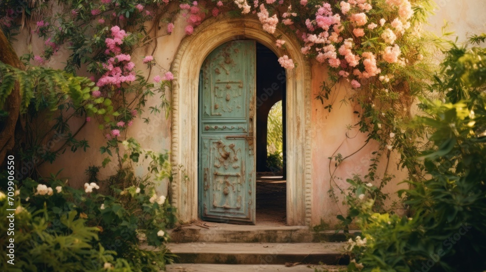 A blue door is surrounded by pink flowers A blue door is surrounded by pink flowers