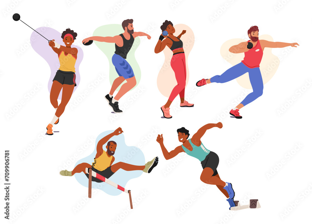 Athletes Male and Female Characters Set. Runner, Obstacle Jumper, Put Shot and Discus Throwing Sport Games