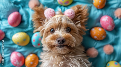 A small brown dog wearing a bunny ears on top of a blue blanket
