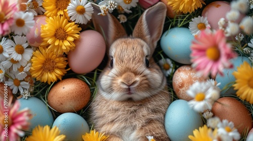 A small rabbit is surrounded by flowers and eggs
