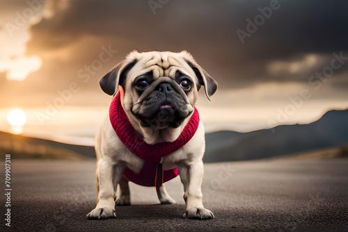 A pug dog on a dirt road with a green background