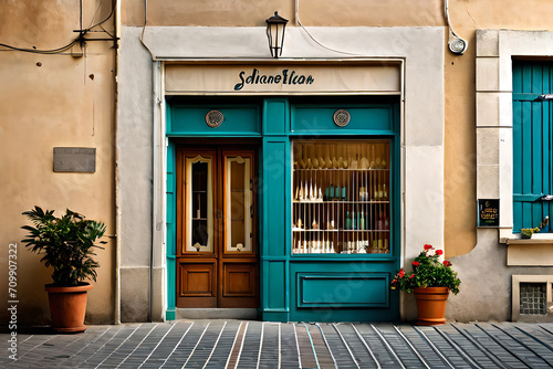 small vintage and traditional european boutique facade with colored painted door © eric