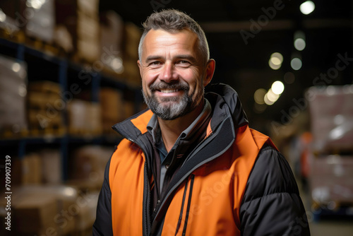 Portrait of a professional positive loader worker in uniform smiling, on the background is a large warehouse with shelves full of goods for delivery. Delivery, logistics concept.