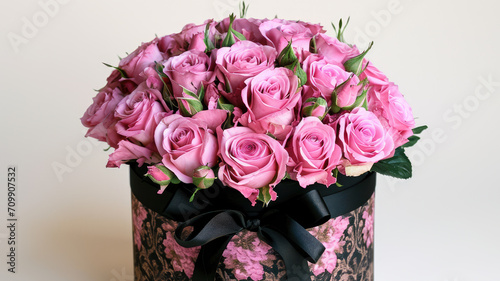 large bouquet of pink roses arranged in a round, black box with a lid.