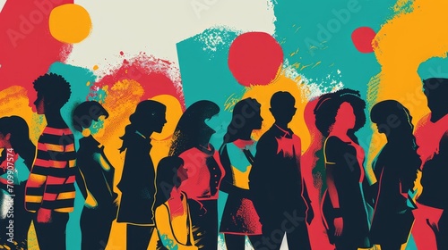 illustration of diverse people and teenagers standing side by side and one by one, equality.