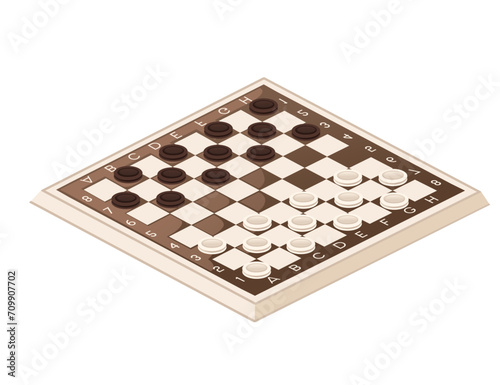 Classic checkers with folding board-box vector illustration isolated on white background