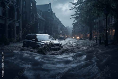 A car driving down a street flooded with water. Climate change and an increase in the number of weather disasters in the world. photo