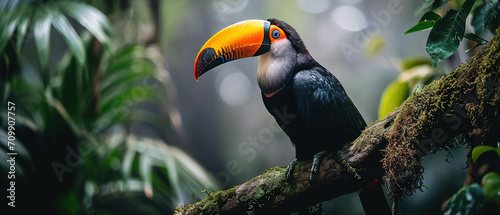 a toucan in jungle landscape wallpaper, wildlife photo, with empty copy space © Uwe