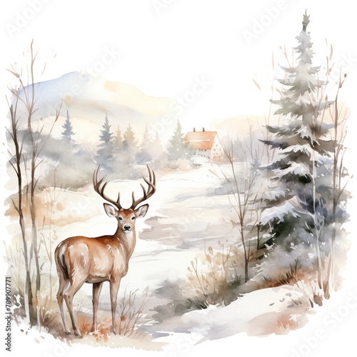 Hirsch im Winter Aquarell Kunst Bild Majestätisches Wildtier Schneelandschaft Handgemalt Naturillustration Waldtier Leinwanddruck Wildnis Wandbild Dekorative Kunst Geschenkidee