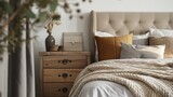 Wooden bedside drawer nightstand near bed with beige fabric headboard. Scandinavian, french country interior design of modern bedroom.