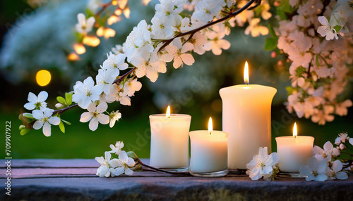 white flowering branch and 3 white candle lights outside in a garden  floral concept with burning candles decoration for contemplative athmosphere background