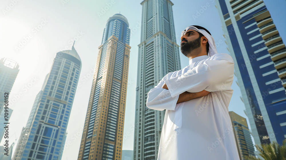 An Arab man stands with his back to a modern tall building. Construction and real estate investments An Arab man stands with his back to a modern tall building. Construction and real estate investments