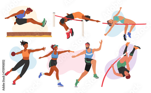 Set Of Athletes Male And Female Characters. Relay Racers, Long, Pole And High Jumper, Discus Thrower Vector Illustration
