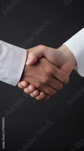 Close-up of a handshake in white business suits, on a light gray background created with Generative Ai