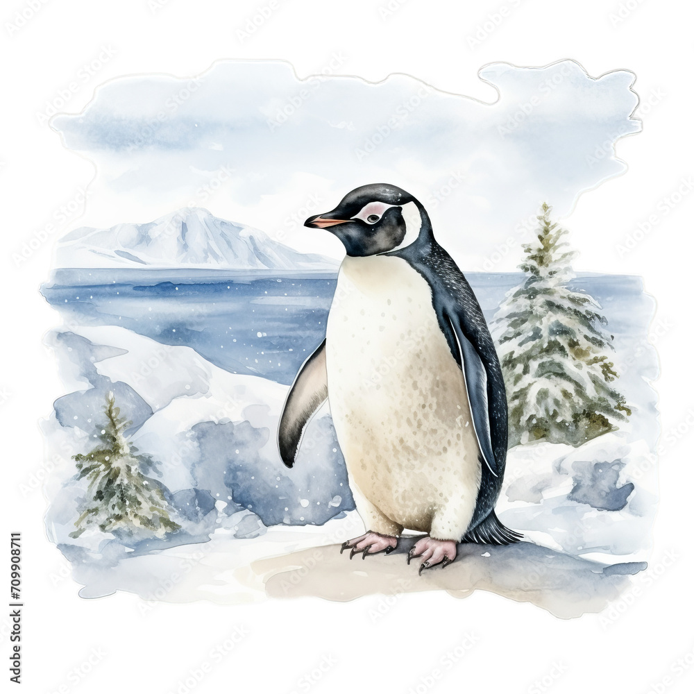 Obraz premium Pinguin im Schnee Aquarell Kunst Bild Antarktische Landschaft Handgemalt Tierillustration Kühle Winteratmosphäre Leinwanddruck Polartier Wandbild Geschenkidee Natur
