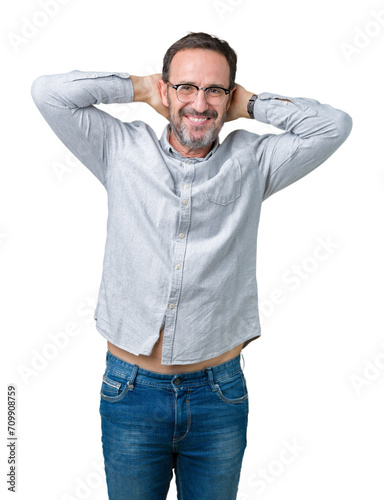 Handsome middle age elegant senior man wearing glasses over isolated background Relaxing and stretching with arms and hands behind head and neck, smiling happy