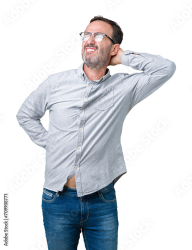 Handsome middle age elegant senior man wearing glasses over isolated background Suffering of neck ache injury, touching neck with hand, muscular pain