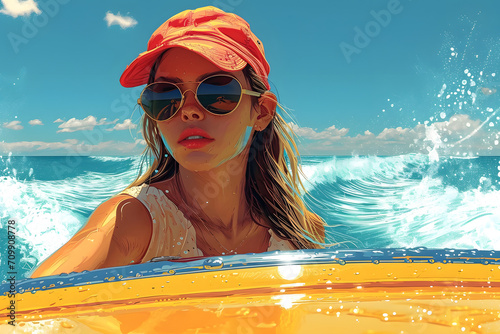 Woman in sunglasses and yellow cap floating on an orange float in the sea with waves in the background. photo