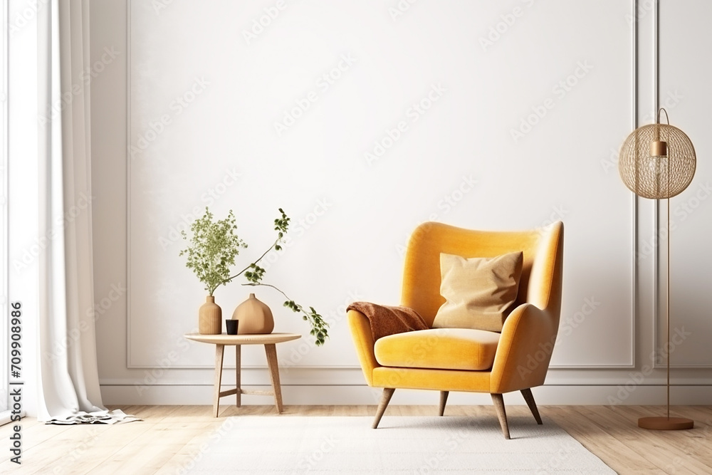 Living room interior, yellow chair, minimalism. Living room interior, yellow chair, minimalism.