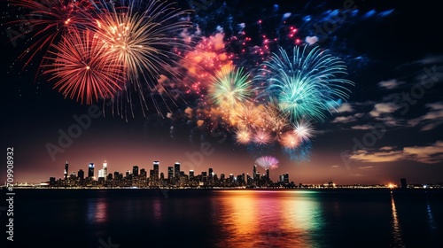 Blurred bokeh effect dazzling fireworks display exploding in night sky with city skyline