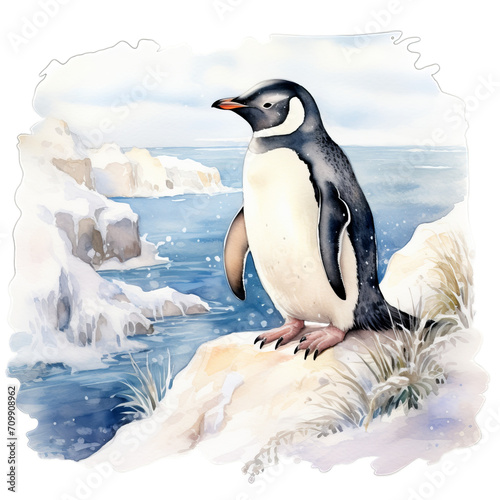 Pinguin im Schnee Aquarell Kunst Bild Antarktische Landschaft Handgemalt Tierillustration Kühle Winteratmosphäre Leinwanddruck Polartier Wandbild Geschenkidee Natur photo