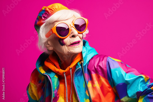 Happy elderly woman, grandmother in fancy sunglasses. The youth of her soul.