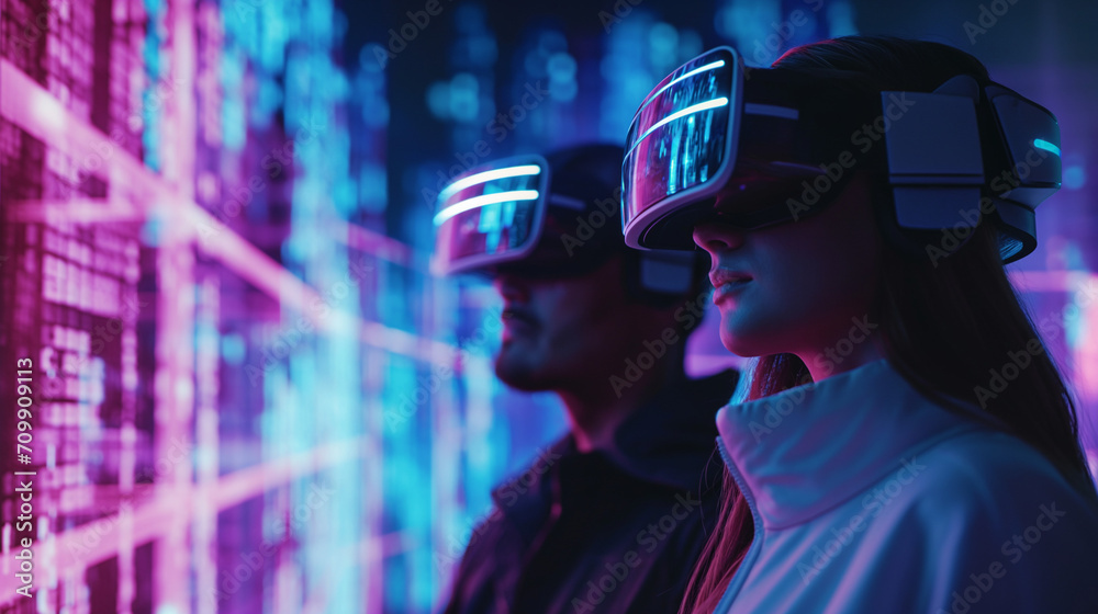 Surprised teen man and woman use vr glasses with digital light background. Virtual gadgets for entertainment, work, free time and study. Virtual reality metaverse technology concept. Surprised teen man and woman use vr glasses with digital light background. Virtual gadgets for entertainment, work, free time and study. Virtual reality metaverse technology concept.