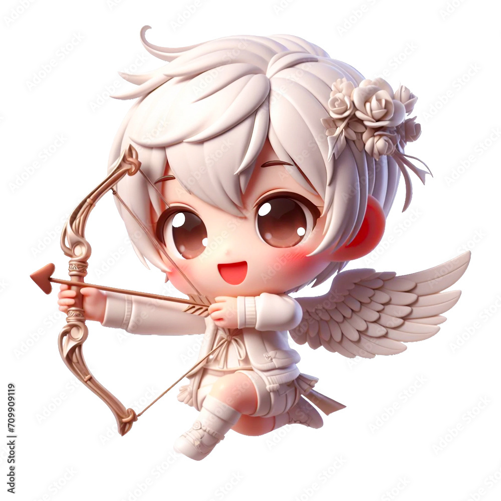 Obraz premium Adorable baby cupid with holding bow and arrow in chibi style isolated on white background. Generative AI.