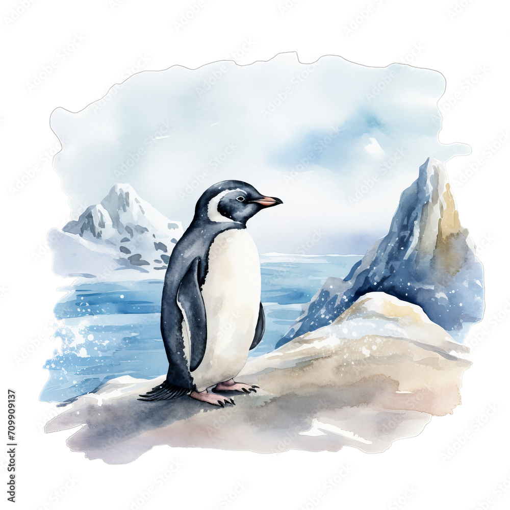 Pinguin im Schnee Aquarell Kunst Bild Antarktische Landschaft Handgemalt Tierillustration Kühle Winteratmosphäre Leinwanddruck Polartier Wandbild Geschenkidee Natur