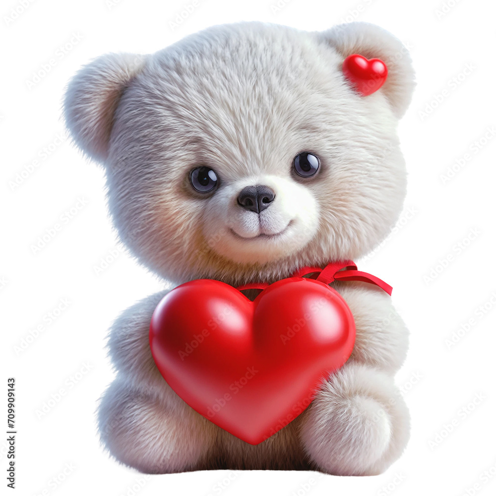 Cute, fluffy, white teddy bear with a big red heart isolated on white background. Generative AI. Cute, fluffy, white teddy bear with a big red heart isolated on white background. Generative AI.