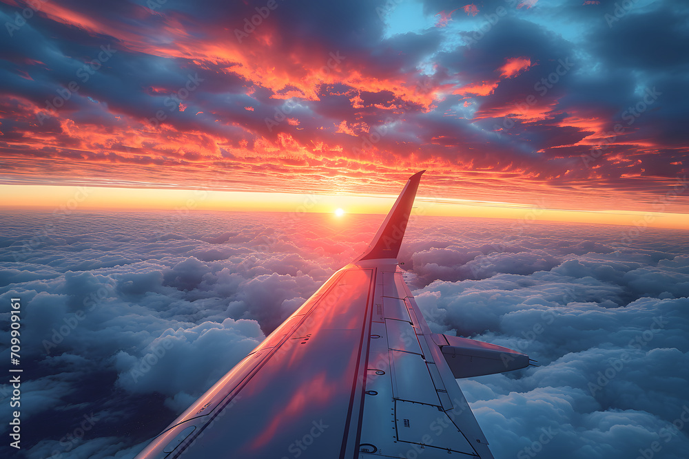 Stunning airplane wing view at sunset with vibrant sky colors above the clouds. Stunning airplane wing view at sunset with vibrant sky colors above the clouds.