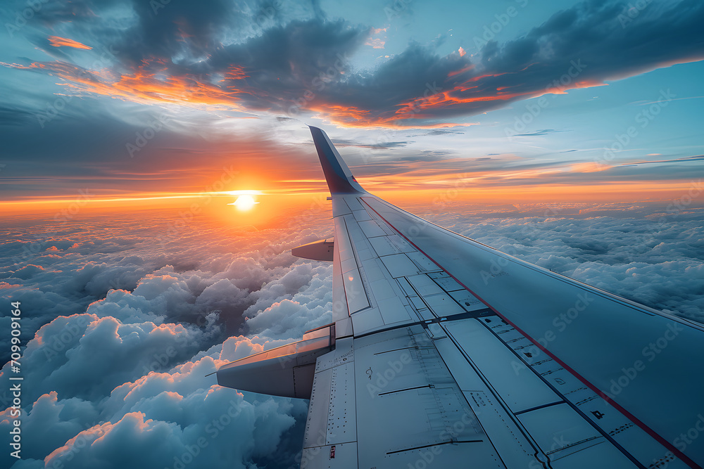 Airplane wing against a stunning sunset sky with clouds, travel concept. Airplane wing against a stunning sunset sky with clouds, travel concept.