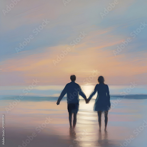 Couple holding hands on the beach at sunset. Pastel colors in impressionist style.