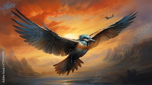 a bird in mid-flight, navigating the open expanse of the sky. © Khan