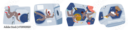 Inside The Spaceship, Astronauts Experience Weightlessness In Zero Gravity, Effortlessly Floating, Vector Illustration