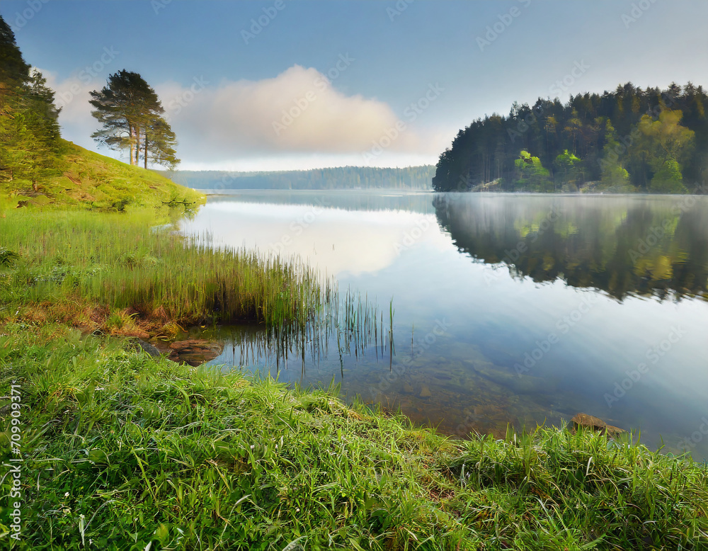 Fototapeta premium Woodlands and grass at the lake shore in the morning