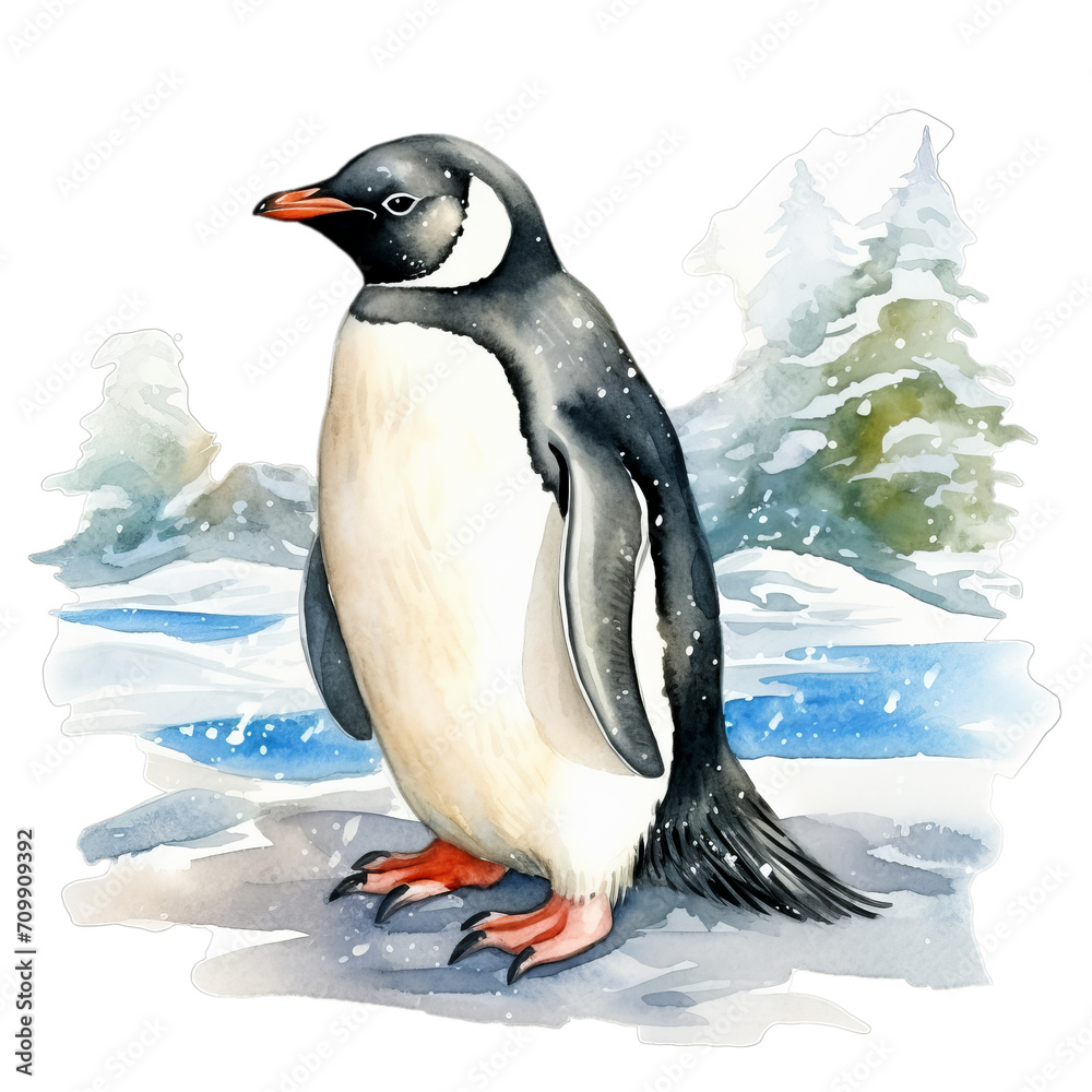 Obraz premium Pinguin im Schnee Aquarell Kunst Bild Antarktische Landschaft Handgemalt Tierillustration Kühle Winteratmosphäre Leinwanddruck Polartier Wandbild Geschenkidee Natur