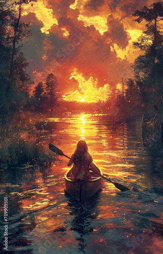 Person paddling a canoe on a tranquil lake at sunset with vibrant orange hues reflecting on the water.