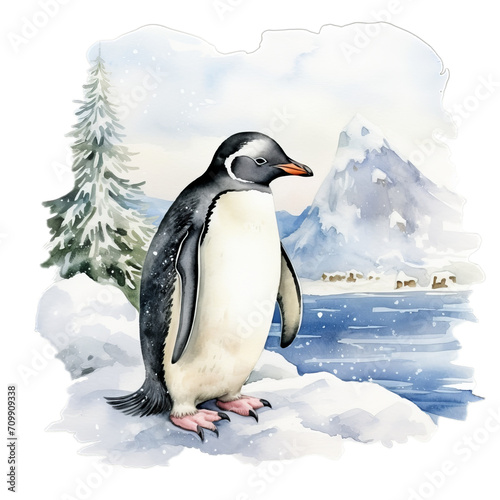 Pinguin im Schnee Aquarell Kunst Bild Antarktische Landschaft Handgemalt Tierillustration K  hle Winteratmosph  re Leinwanddruck Polartier Wandbild Geschenkidee Natur