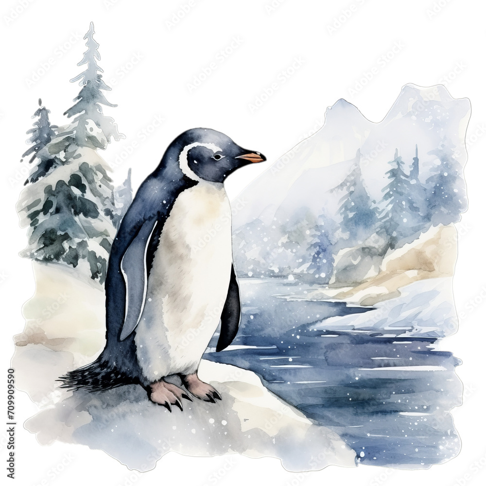 Obraz premium Pinguin im Schnee Aquarell Kunst Bild Antarktische Landschaft Handgemalt Tierillustration Kühle Winteratmosphäre Leinwanddruck Polartier Wandbild Geschenkidee Natur