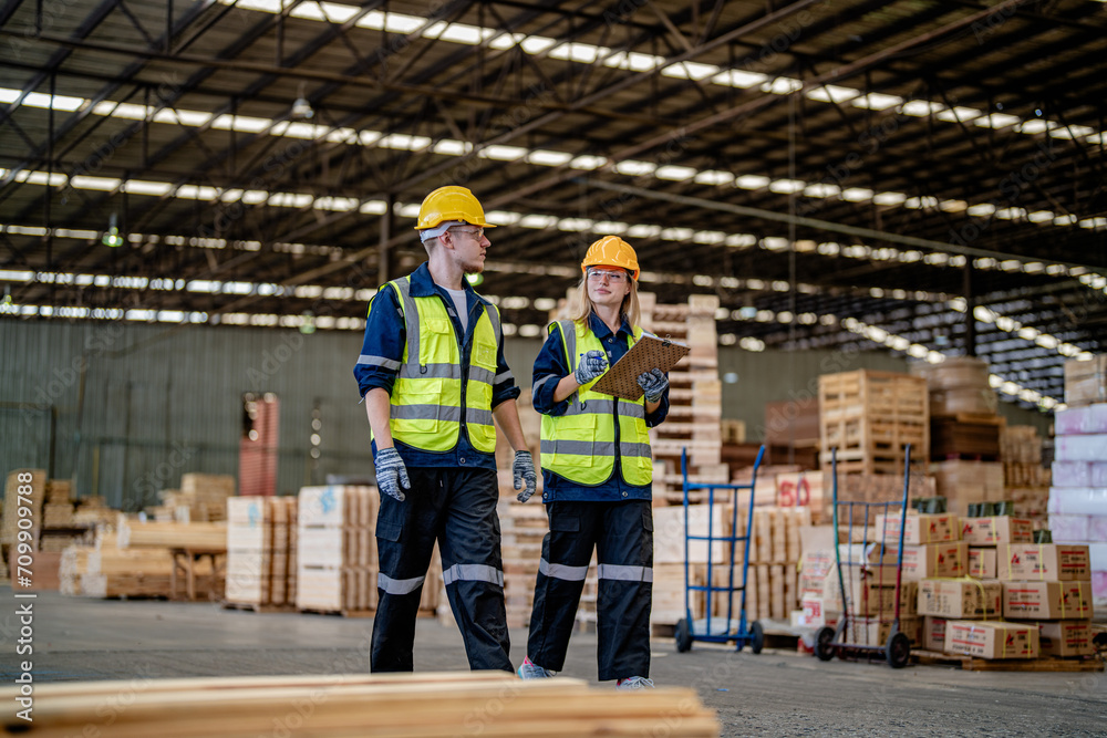 workers man and woman engineering walking and inspecting timbers wood in warehouse. Concept of smart industry worker operating. Wood factories produce wood palate. workers man and woman engineering walking and inspecting timbers wood in warehouse. Concept of smart industry worker operating. Wood factories produce wood palate.