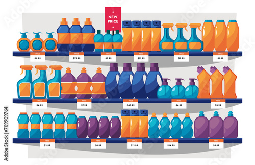 Household chemicals shelves. Store of chemical cleaning products, hygiene and domestic concept with bottle powder gel. Vector supermarket illustration of store shop household