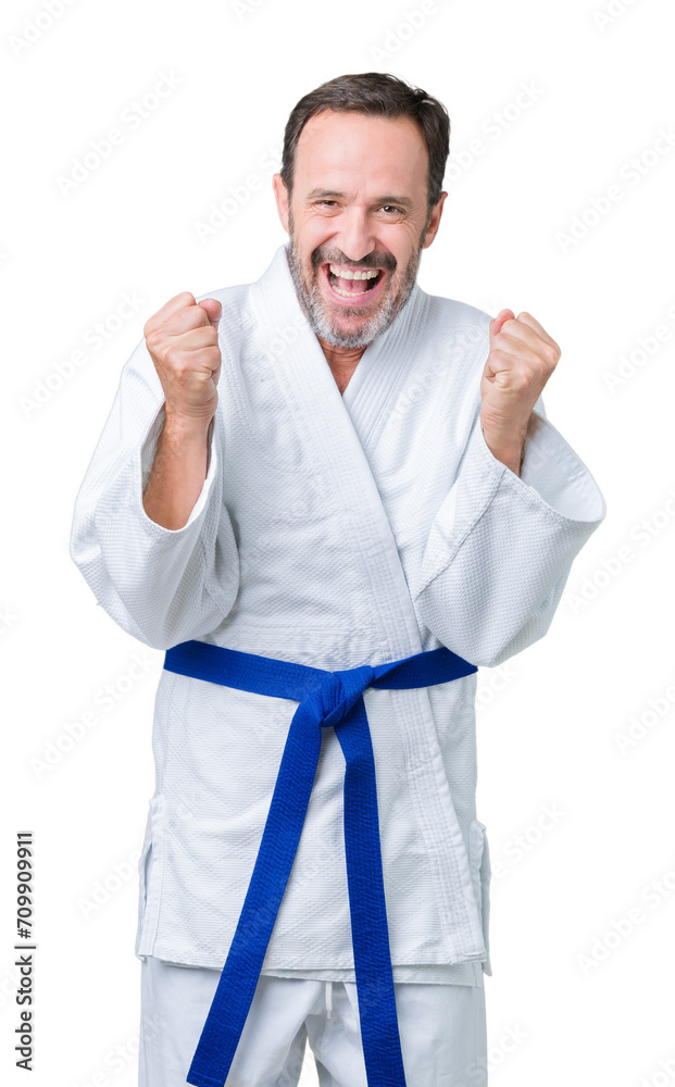 Handsome middle age senior man wearing kimono uniform over isolated background celebrating surprised and amazed for success with arms raised and open eyes. Winner concept. Handsome middle age senior man wearing kimono uniform over isolated background celebrating surprised and amazed for success with arms raised and open eyes. Winner concept.