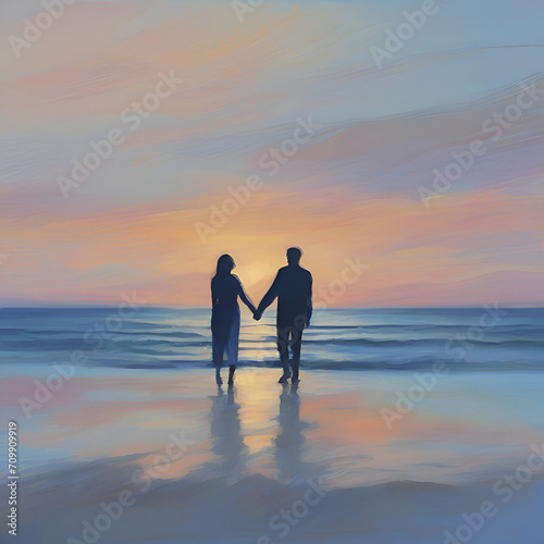 Couple holding hands on the beach at sunset. Pastel colors in impressionist style. © Pram