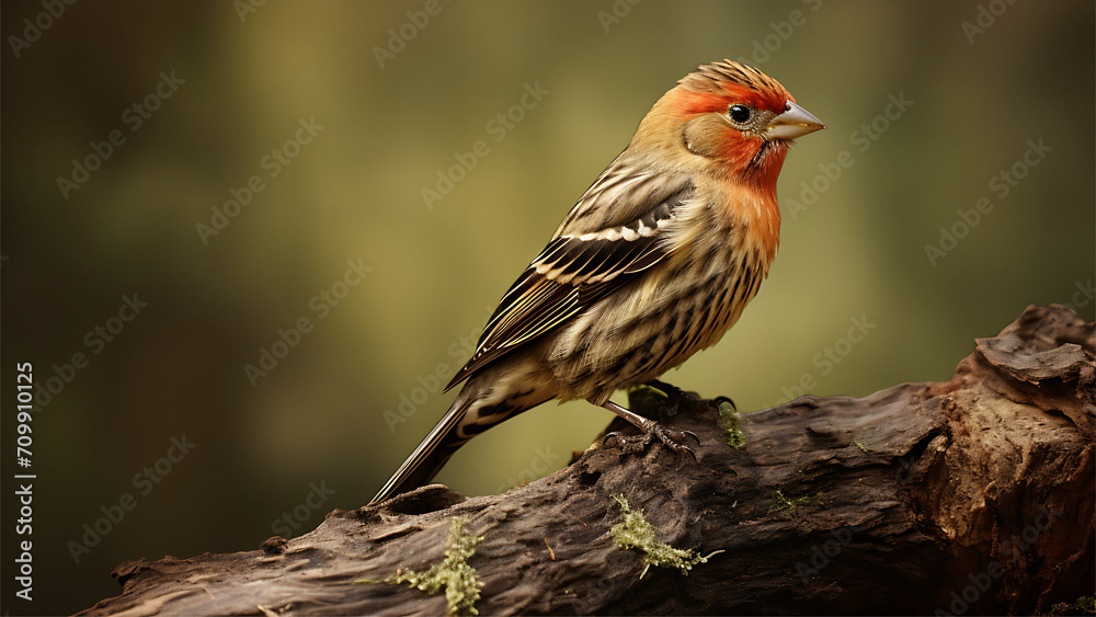 Male Redpoll (Aegithacus rubecula) perched on a log Male Redpoll (Aegithacus rubecula) perched on a log